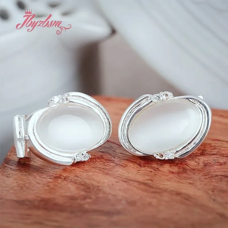 

8x12mm Oval Shape Cat Eye/Coral/Sandstone/Stone Beads White Tibetan Silver For Fashion Woman Gift Clamp Earring 1 Pair