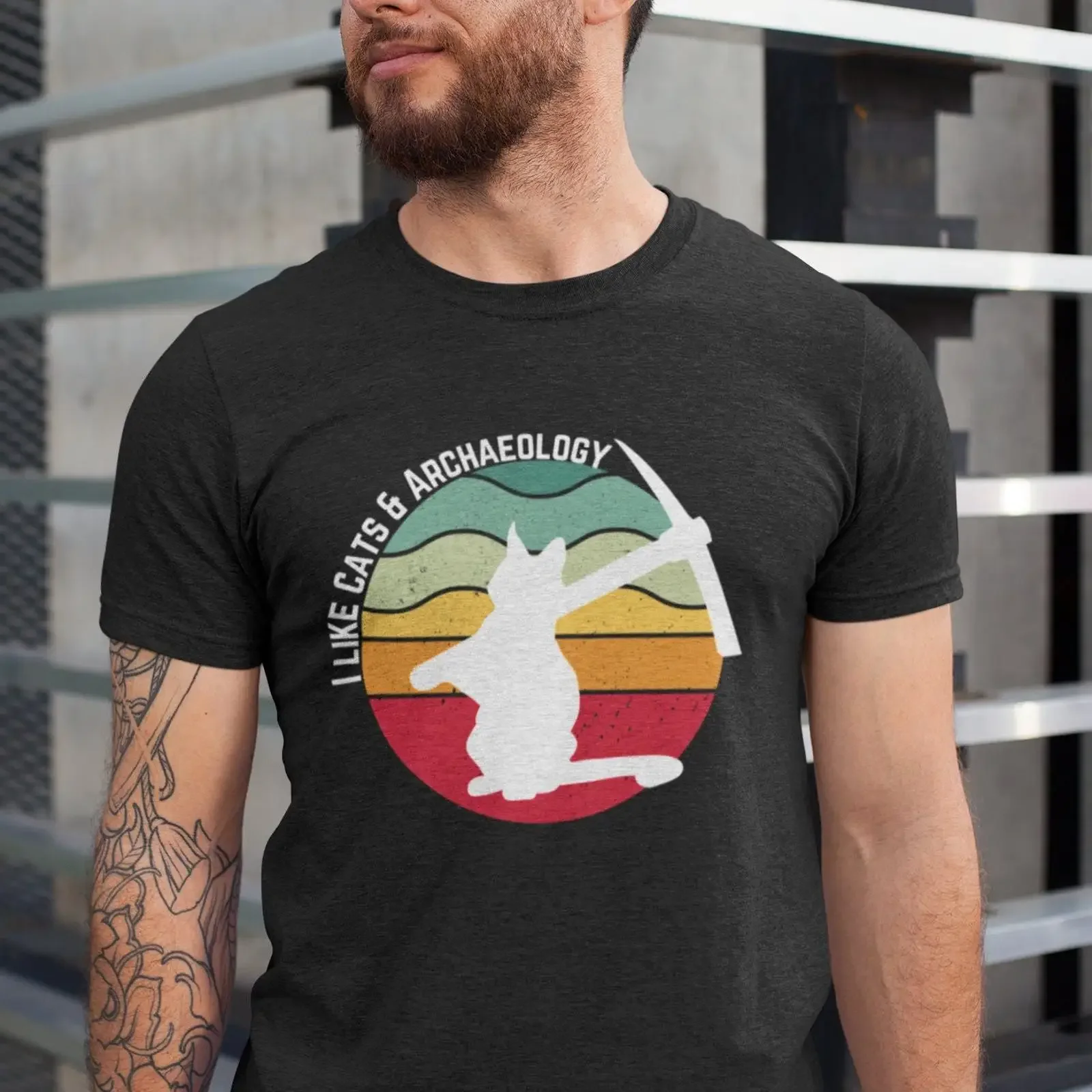 I Like Cats Archaeology Retro Sunset Funny T Shirt for Archaeologist Cat Lover vintage Washed Stylish Top For Everyday Wear