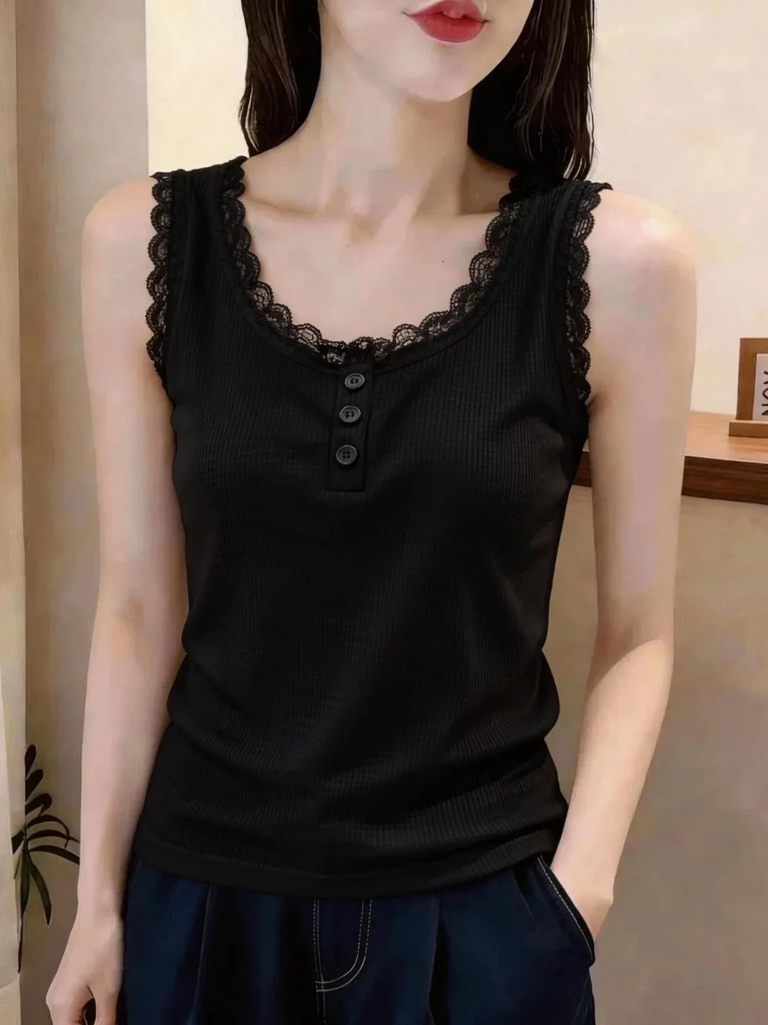 Women's Lace Trim Camisole Tank Top Sleeveless Slim Fit Base Layer Shirt Summer New Style Cotton Polyester Spring Autumn