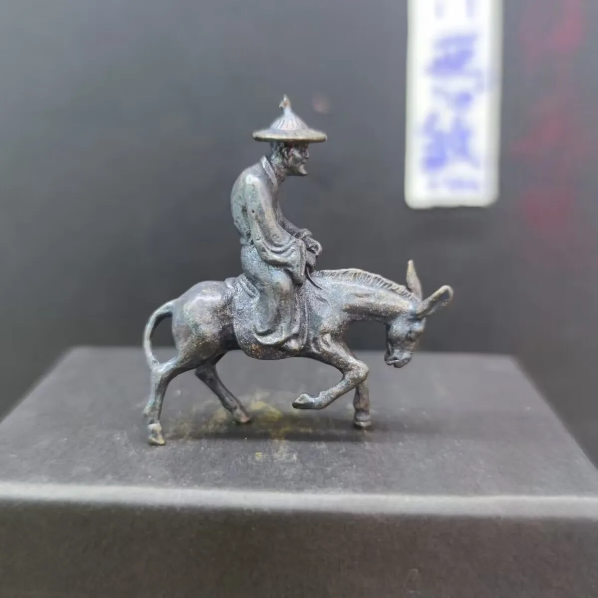 Chinese Bronze Copper Mini Statue Hand Carved Donkey Rider Figurine