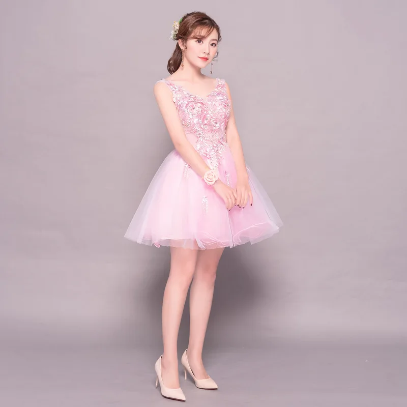 Vestido de baile sem mangas, vestido curto rosa de tule, tamanho positivo, decote em v clássico, doce, Bal