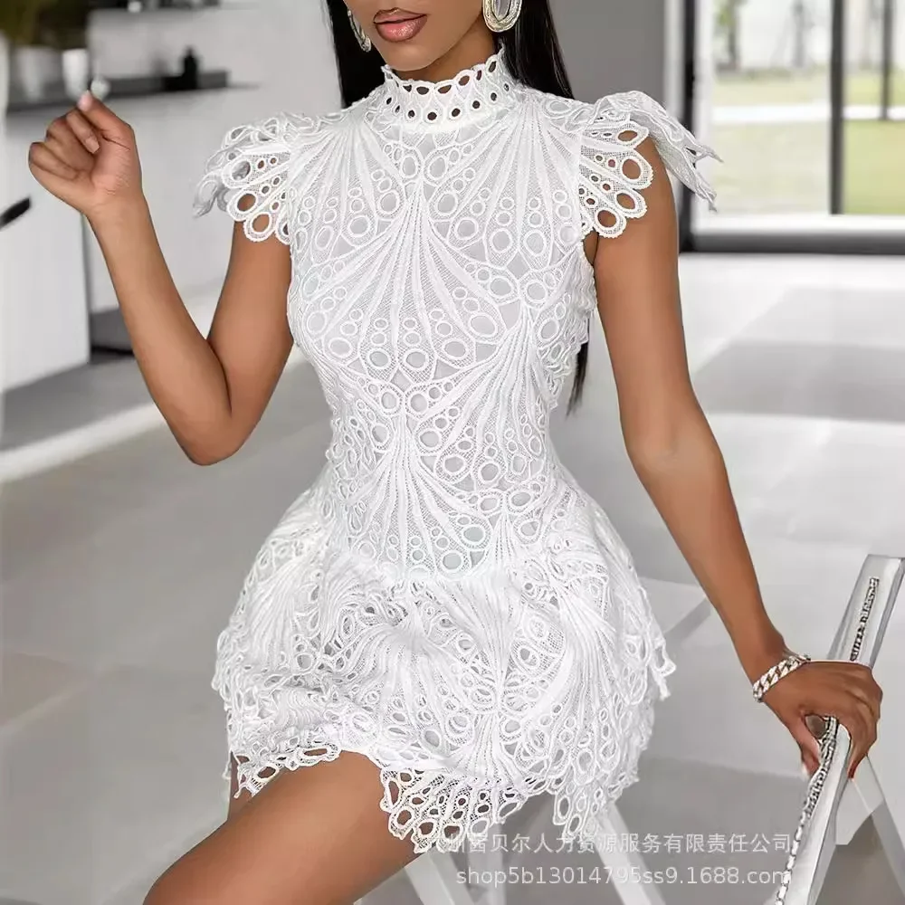 Feifei Sleeve Fashion Mini Short Semi-turtleneck Solid Color Waist Lace Slim Dress Spring And Summer Women's New