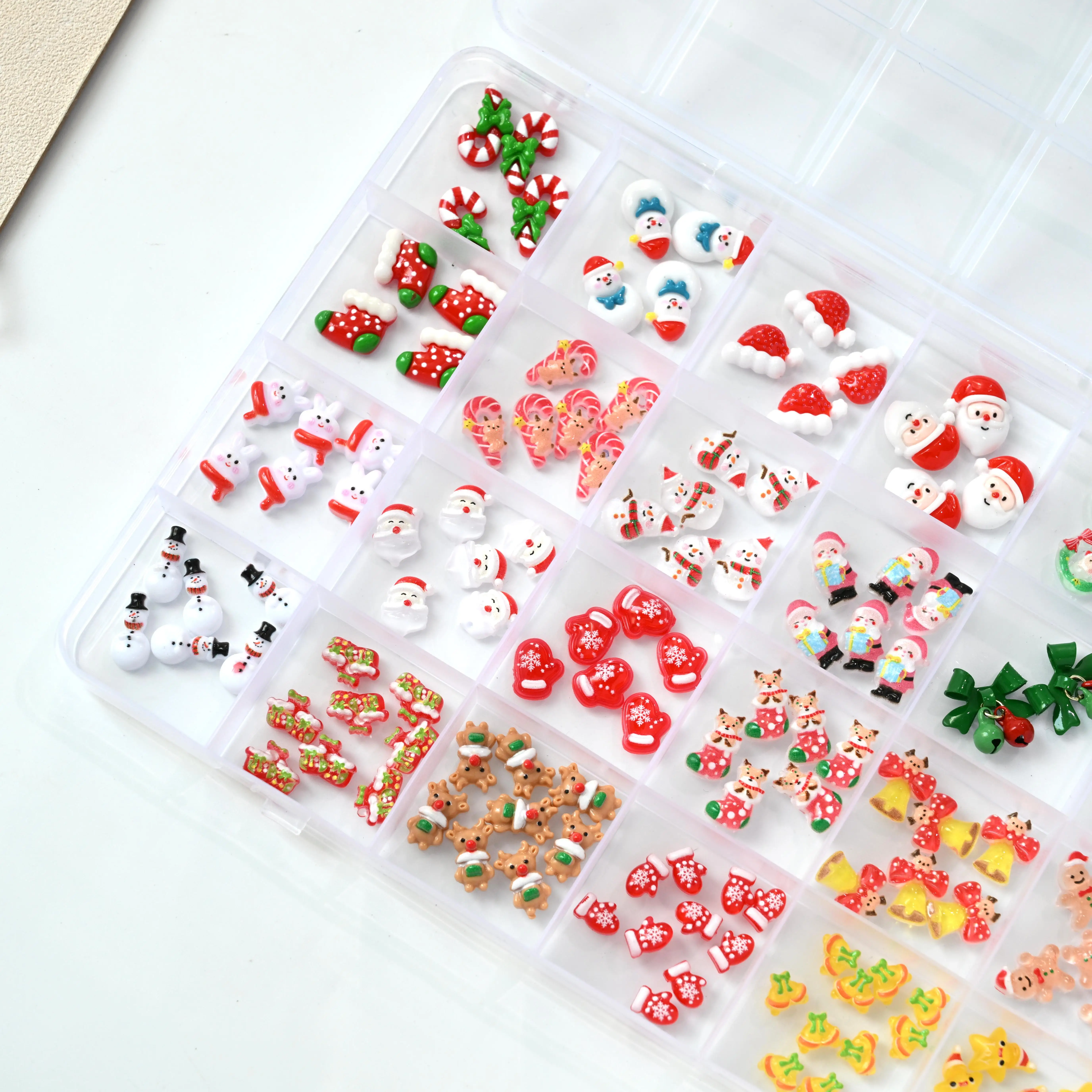 1Box Christmas Themed Nail Charm 3D Resin Santa Snowman Reindeer Wreath Nail Decor Cute Xmas Candy Cane Sock Bell Nail Supplies