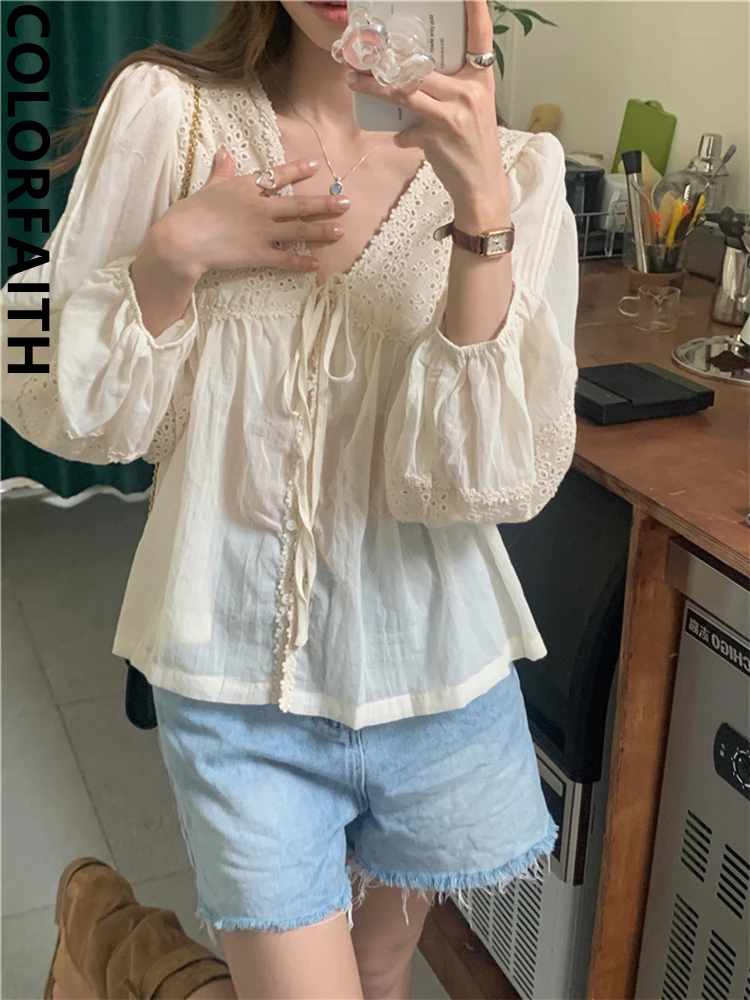 

Colorfaith BL10113 New 2023 Lace Up Cutout Vintage Elegant Lady Korean Fashionable Women Spring Summer Blouses Shirts Short Tops