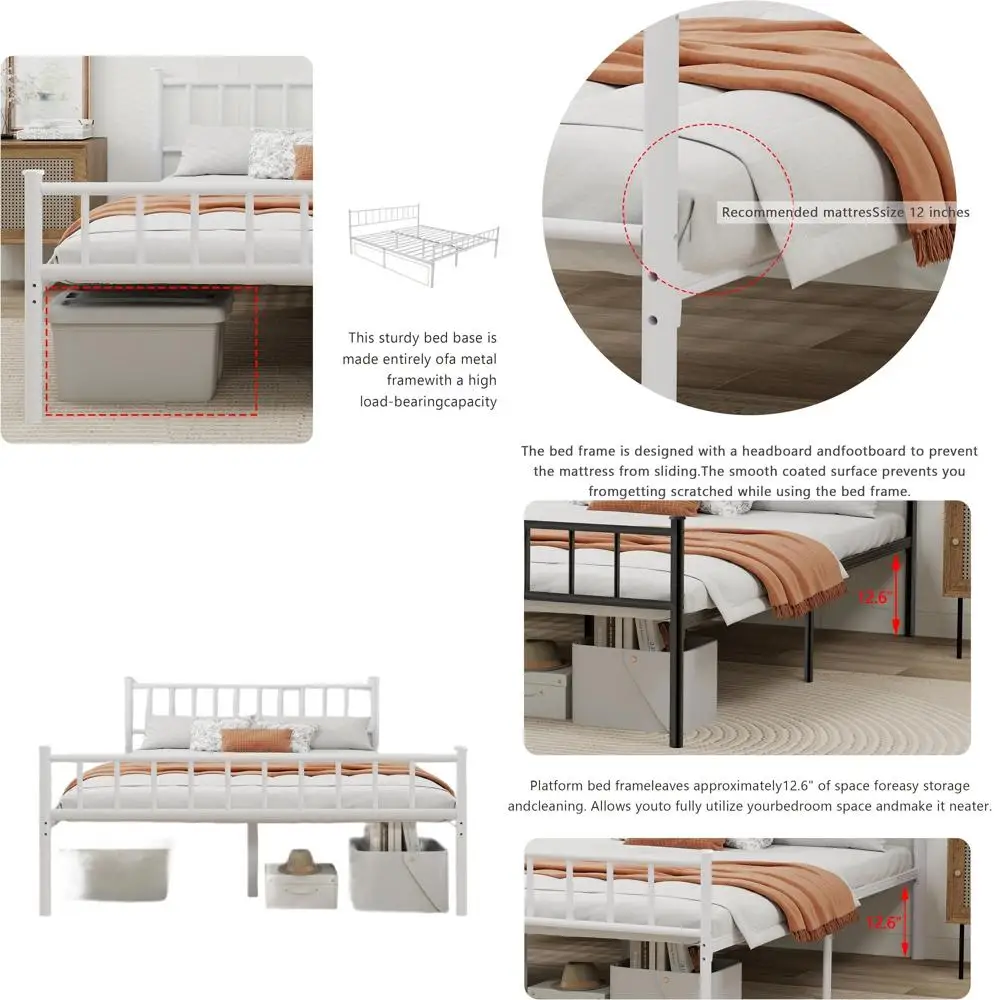 

Sturdy Steel Slat Platform Bed with Board Support, No Box Spring Needed, Easy Assembly, White