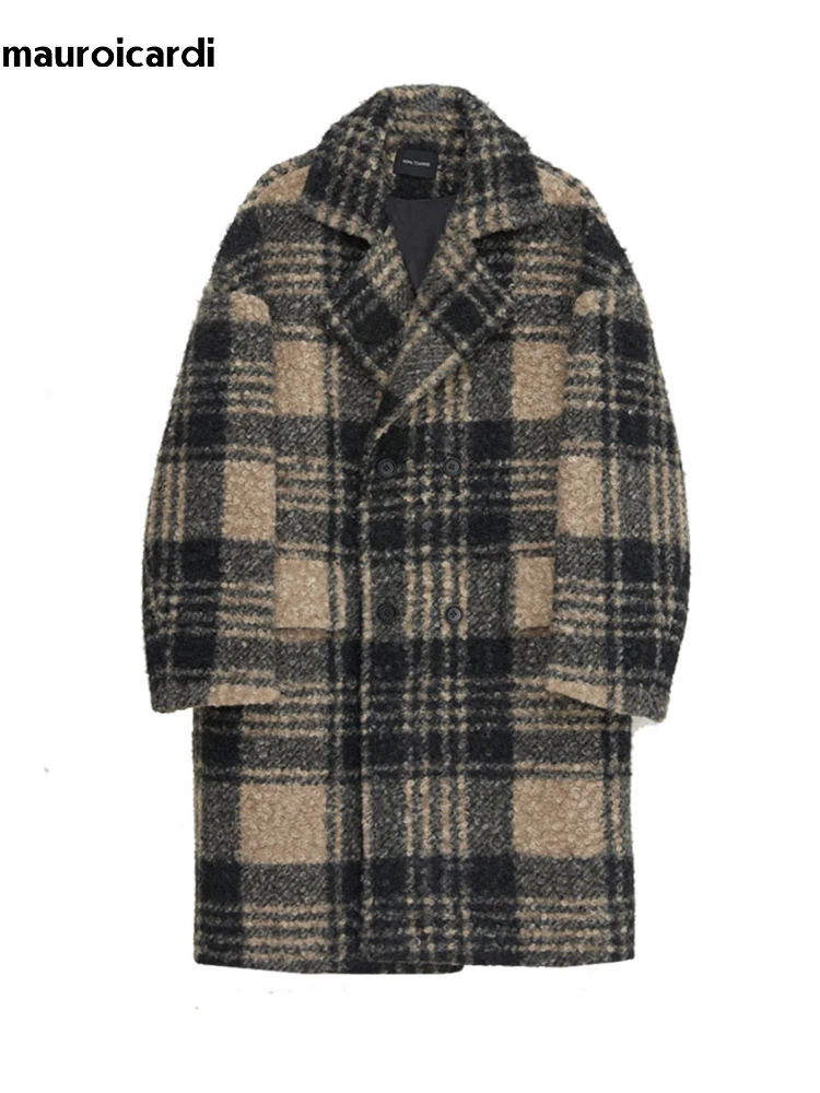 Mauroicardi Autumn Winter Long Loose Stylish Thick Warm Colorful Plaid Wool & Blends Coat Men Double Breasted Runway Fashion