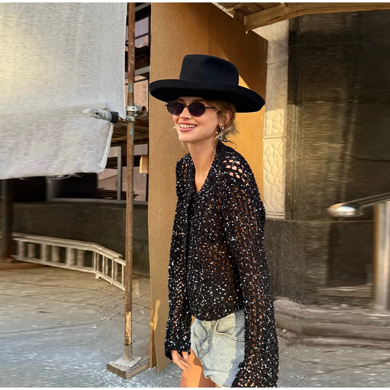 Fashion Sequin Knitted Cardigan For Women Fashion  Long Sleeve Cropped Hollow Aweater Lady Spring New Chic Streetwear