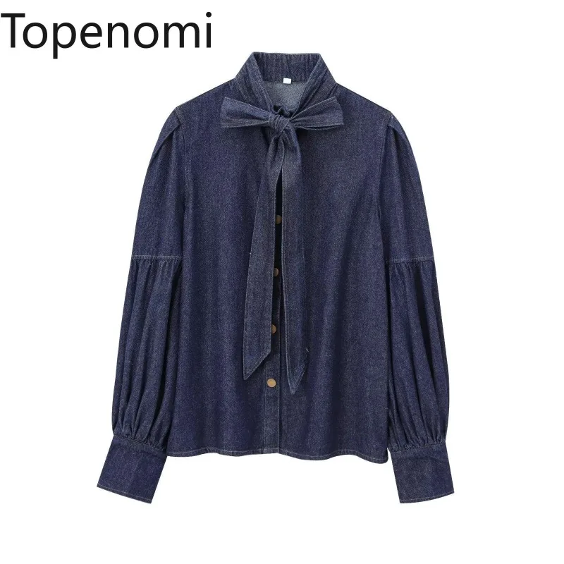 Topenomi, camisa vaquera con lazo y cordones para mujer, moda americana, Tops de manga larga con una hilera de botones, blusas holgadas y versátiles para primavera y otoño