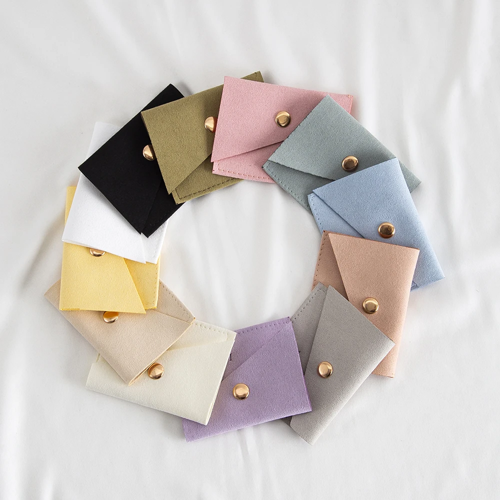 

100Pcs Customized Logo 8x6cm 9x7cm Jewelry Microfiber Bevel Snap Bag Gift Packaging Button Wallet Shopping Coin Organizer Purse