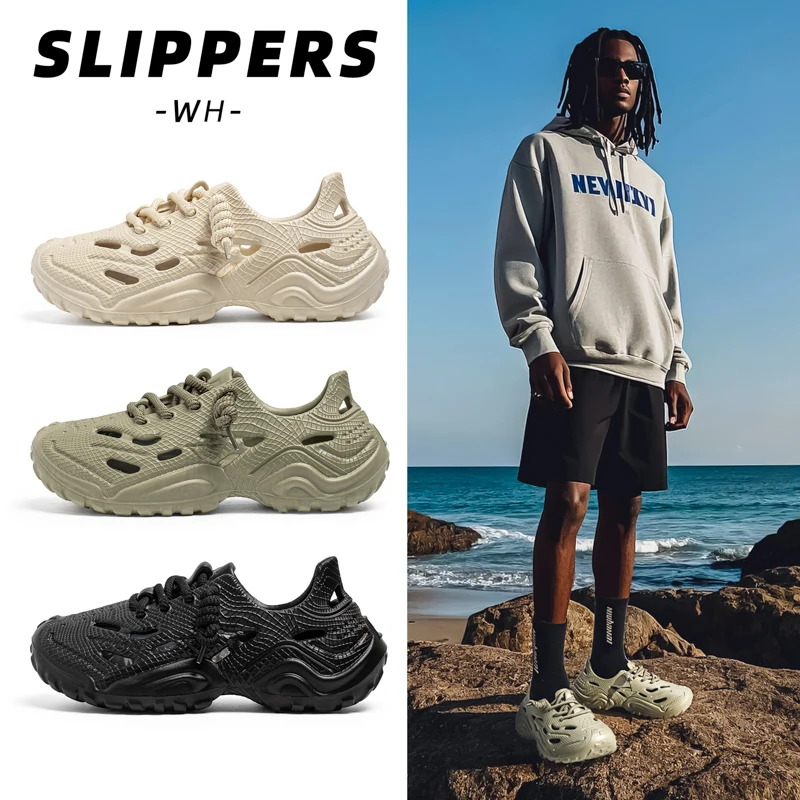 

Мужские дышащие повседневные сандалии на шнуровке, новые летние уличные садовые туфли на мягкой подошве, водонепроницаемая модная обувь с отверстиями, спортивные тапочки