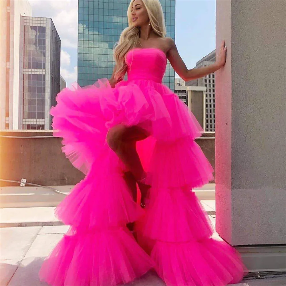 

Lily Charming Beach Prom Dress Gown Hot Pink Formal Gown Layer Tiered Evening Gown with High Split Tiered vestidos de noche