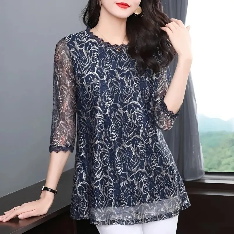 

Lace Women Hollow Out Print Chiffon Short Sleeve Ladies Print Clothes Lady 2024 Tops Female Womens Pullover Shirt Ladies S30