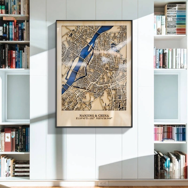 Customized 3D three-dimensional city map, solid wood decoration hanging paintings, address souvenirs, handicraft gifts