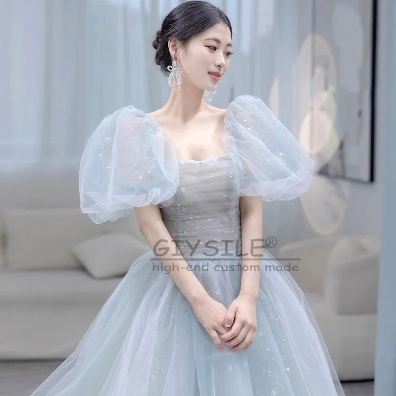 

GIYSILE Customized Light Wedding Princess Fluffy Blue Starry Sky Tube Top Bubble Sleeve Evening Dress 2025 New Party Dresses