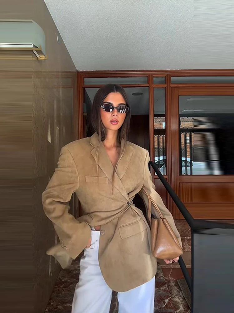 

Элегантная замшевая куртка на пуговицах, женская свободная куртка с длинными рукавами и пуговицами, асимметричные куртки, женская модная уличная однотонная верхняя одежда для женщин