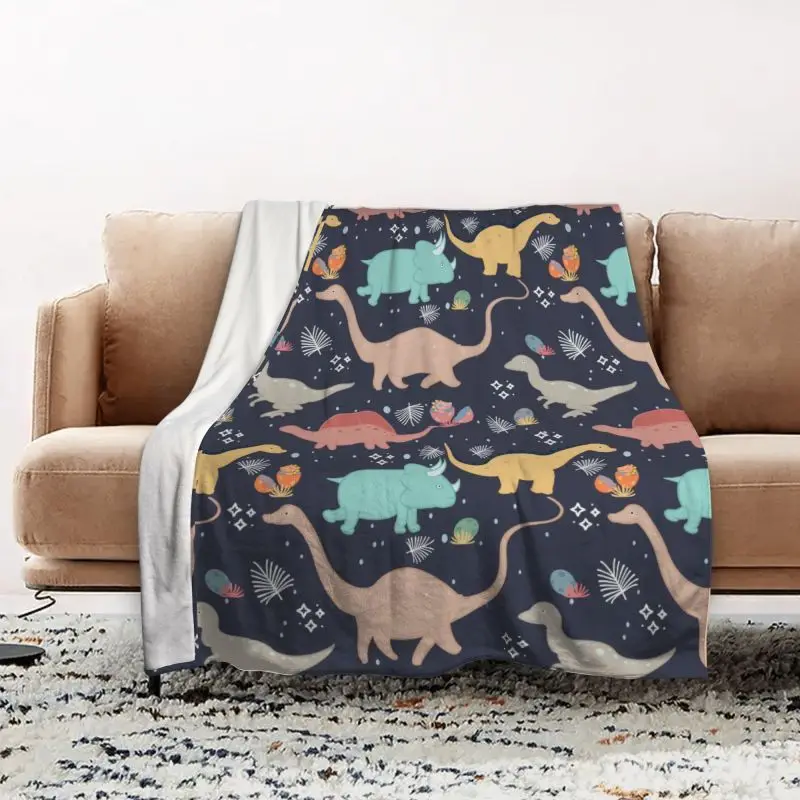 VIKAMA Navy Cartoon Dino Throw Cover Cute Jurassic Fossil Star Art For Kids Boys Girls Playroom Bed Cozy Lightweight Decor
