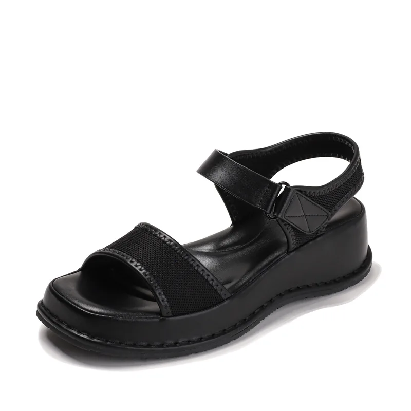 High quality leather flat sandals for women 4.5cm low heel new summer 2025 36 41 open toe vintage beige shoe black khaki