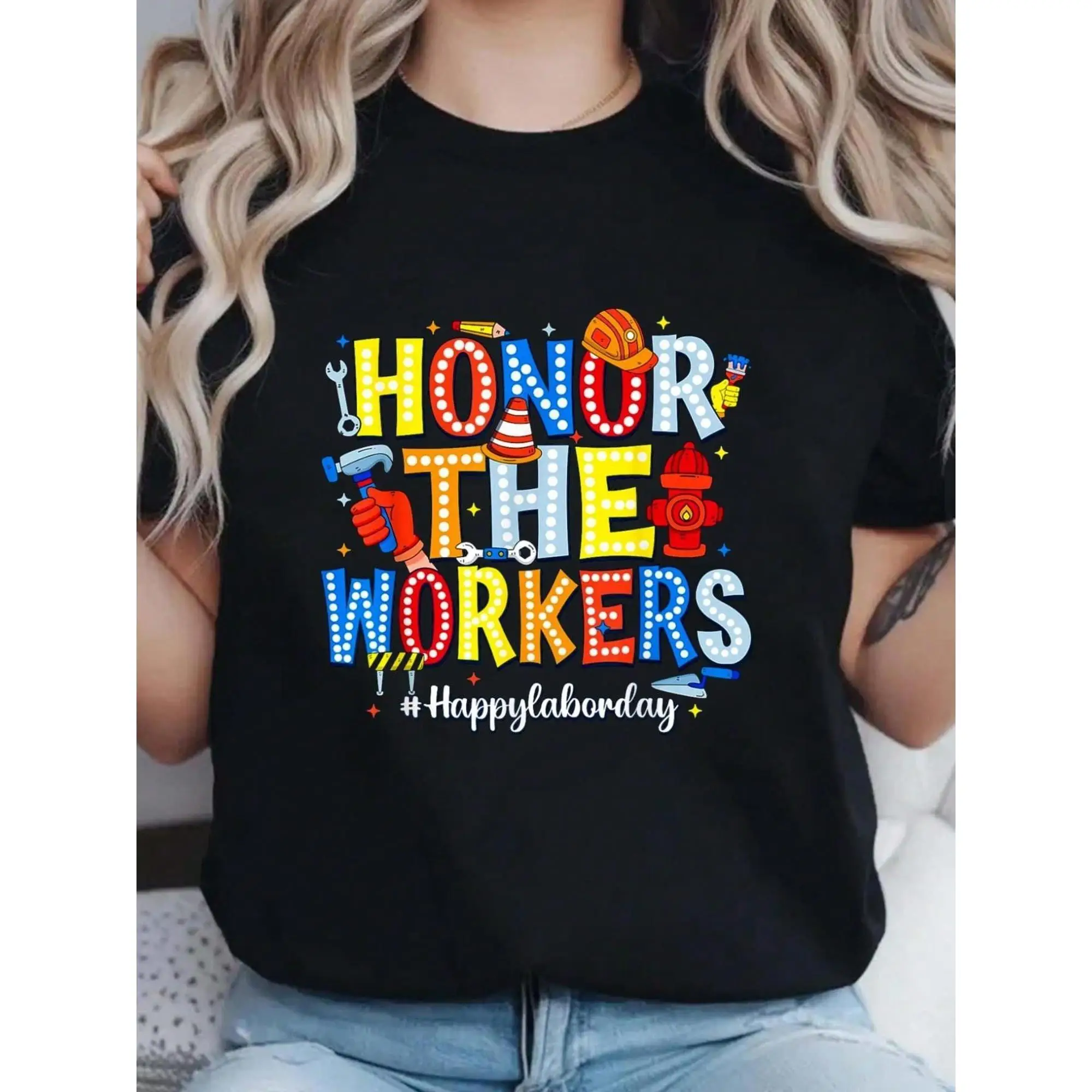 

Men Women Honor The Workers T-Shirt Happy Labor Day Print Pullover Festive Holiday Casual Short Sleeve Top