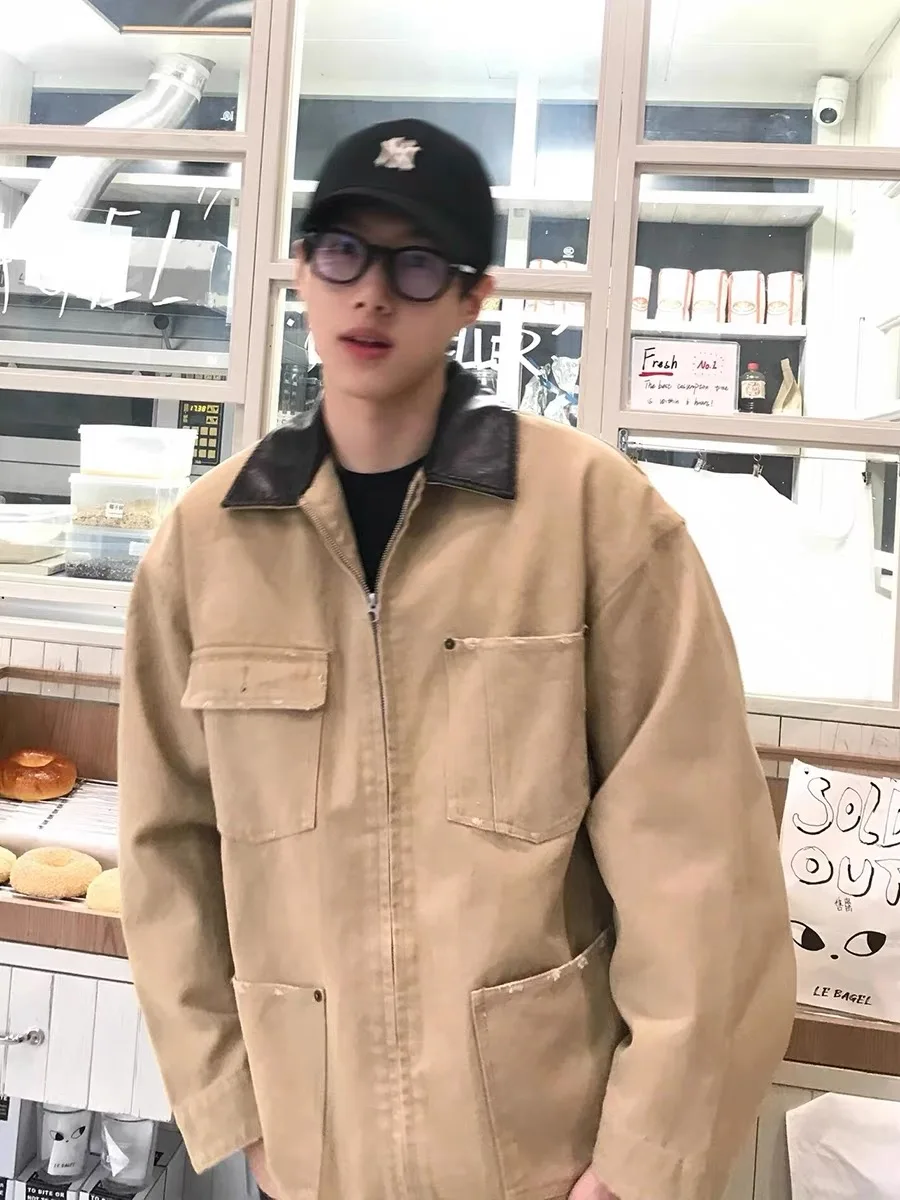 

American Retro Khaki Colorific Muilti kets Workwear Jaet for Men Autumn Winter Cleanfit Versatile Sli Detroit Coat