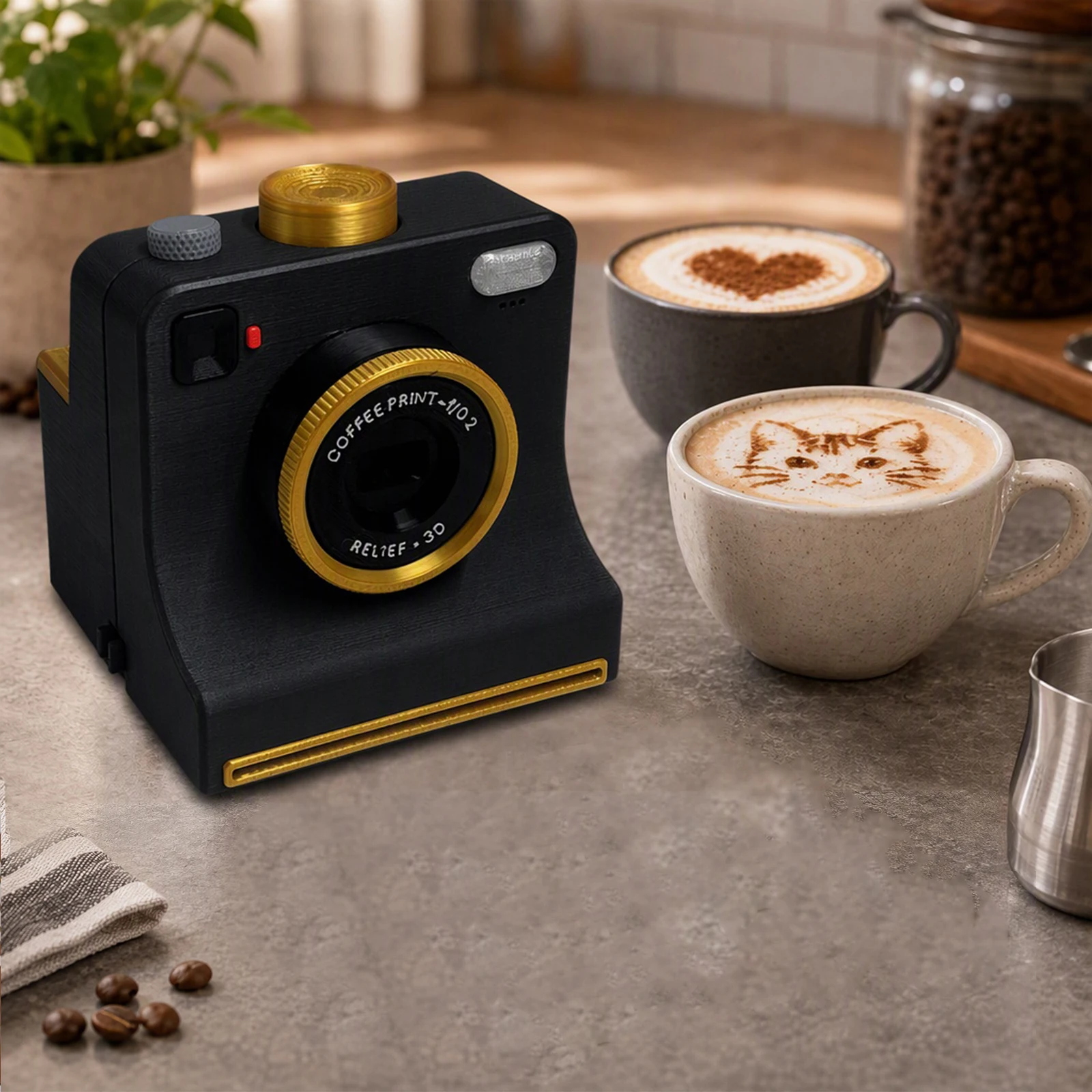 3D Printed Vintage Camera Shape Coffee Stencil with 8 Cards – Reusable Latte Art Template Cappuccino DIY Baking Decor Tool Gift