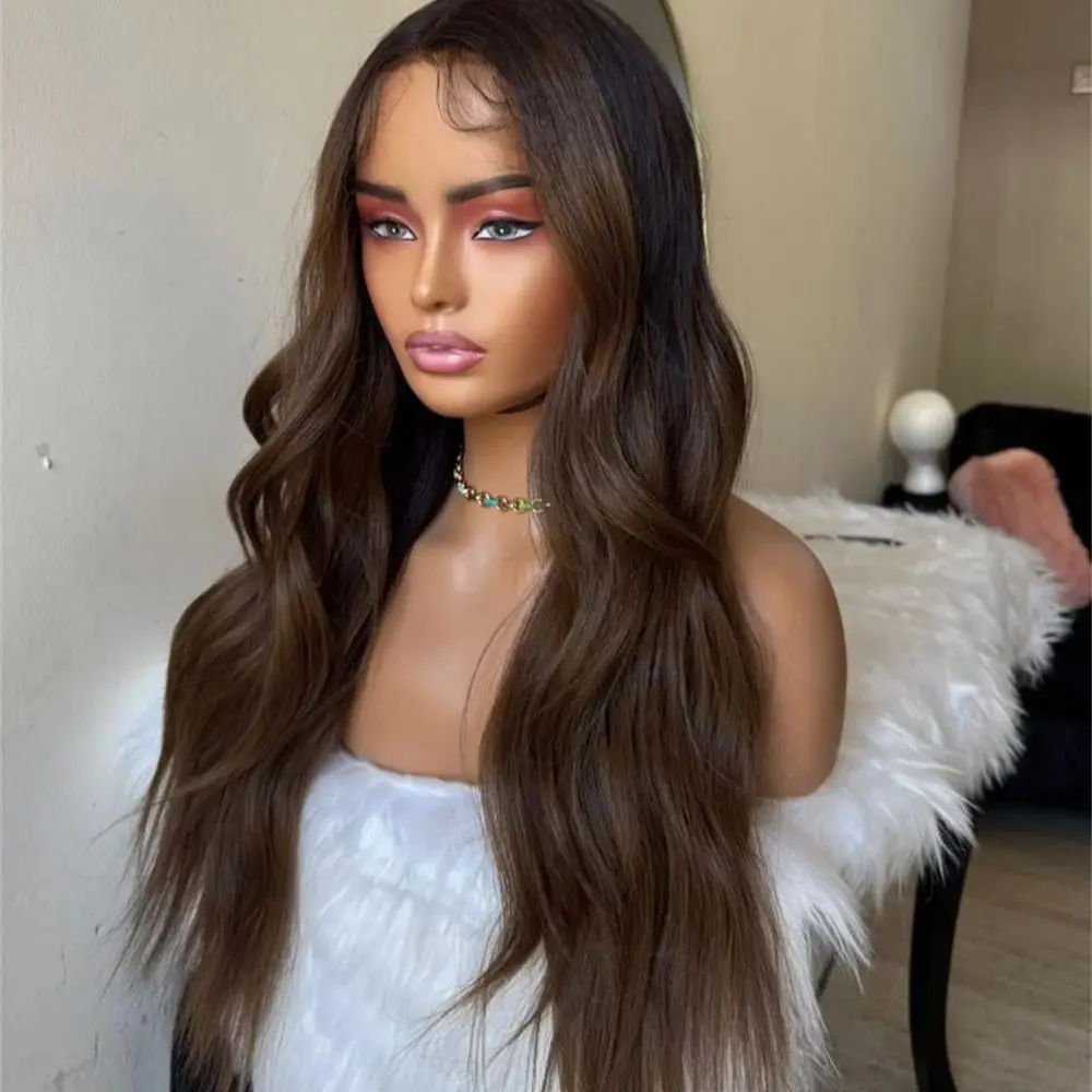

13x4 Chocolate Brown Lace Front Wigs Brunette Waves Lace Wig Beginner Friendly Pre Plucked Hairline 4# Synthetic Wig for Women