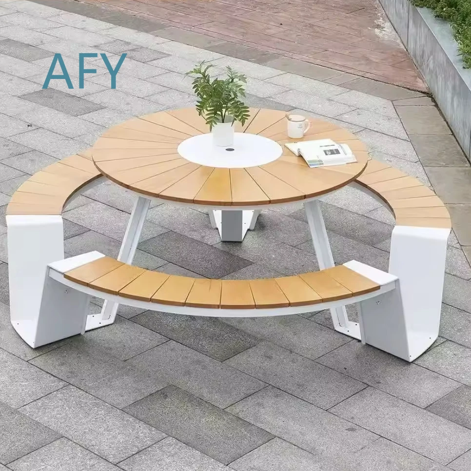 Outdoor Picnic Table Set for Garden Courtyard Patio Outdoor Dining Furniture with Umbrella Hole Metal Frame Wooden Top