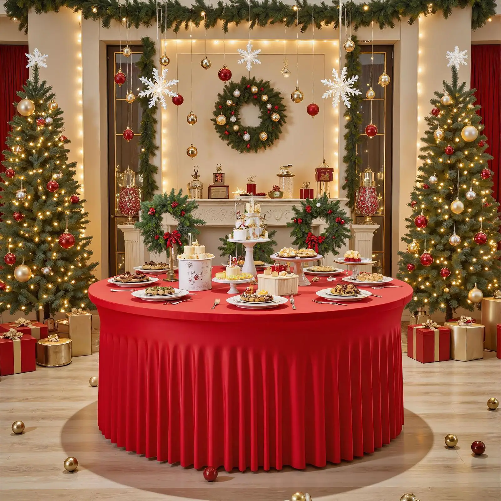 Table Skirt 6ft/9ft Party Round Pleated Table Clothes Red Tableskirts Desk Cover Decorations For Christmas Baby Shower Birthday