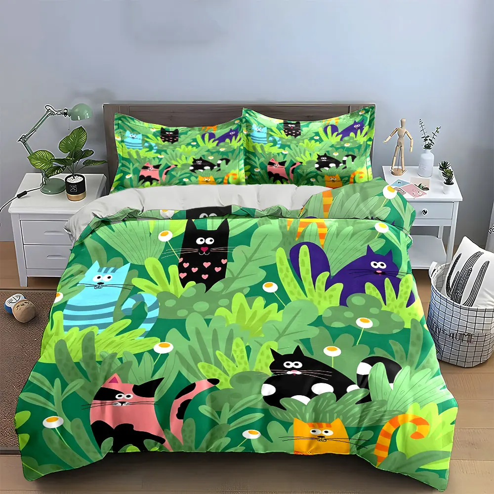Colorful Cat Pattern Decorative Set Bedding Set with 1 Duvet Cover 2 Pillowcases Single Double King Queen, Gift