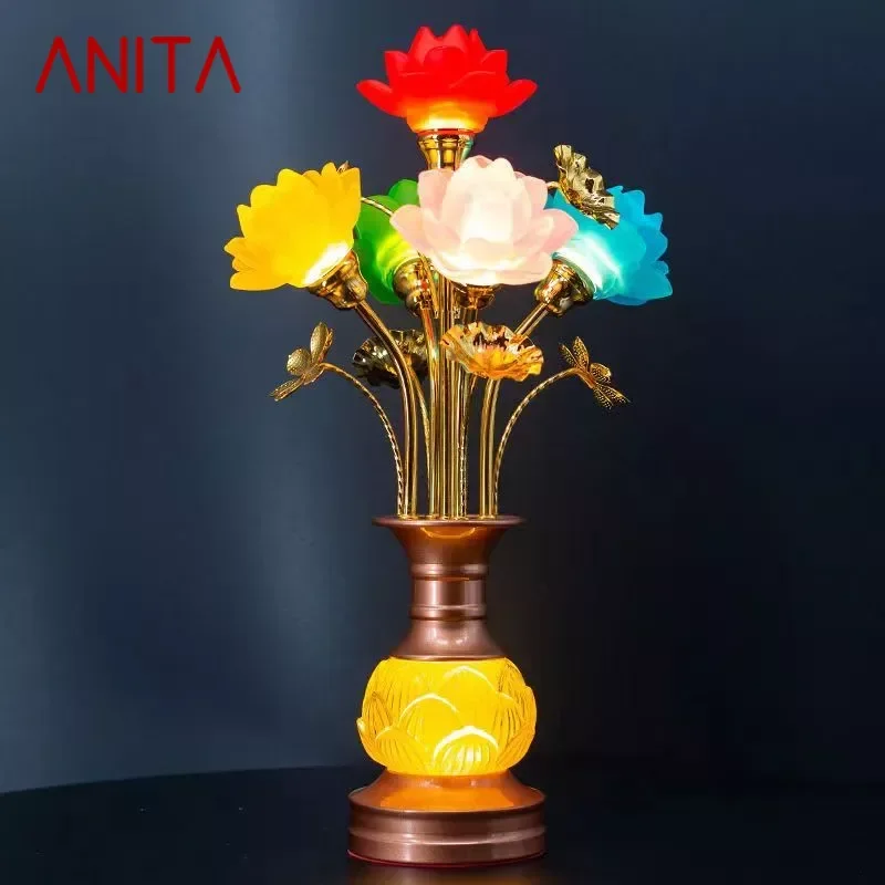 ANITA Colored LED Lotus Table Lamp For Buddha Lamp Household Buddha Hall Lamp Glass Lamp Temple Worship Buddha Front Lamp