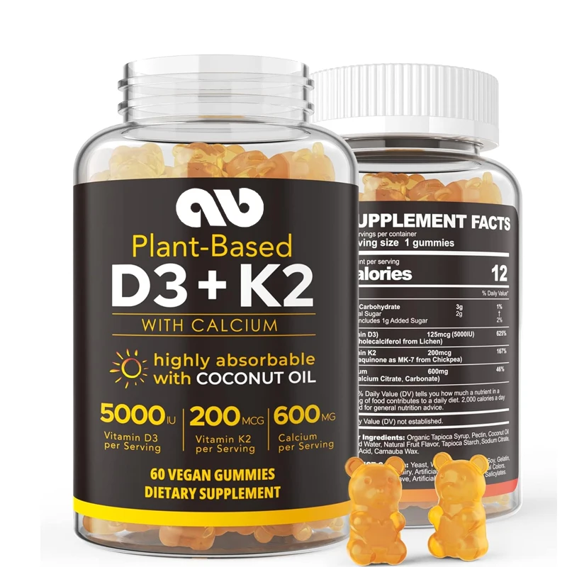 

Vitamin D3 5000iu and K2 (as MK7) 200mcg gummies+600mg calcium - supports skeletal muscle and tooth immunity, vegetarian