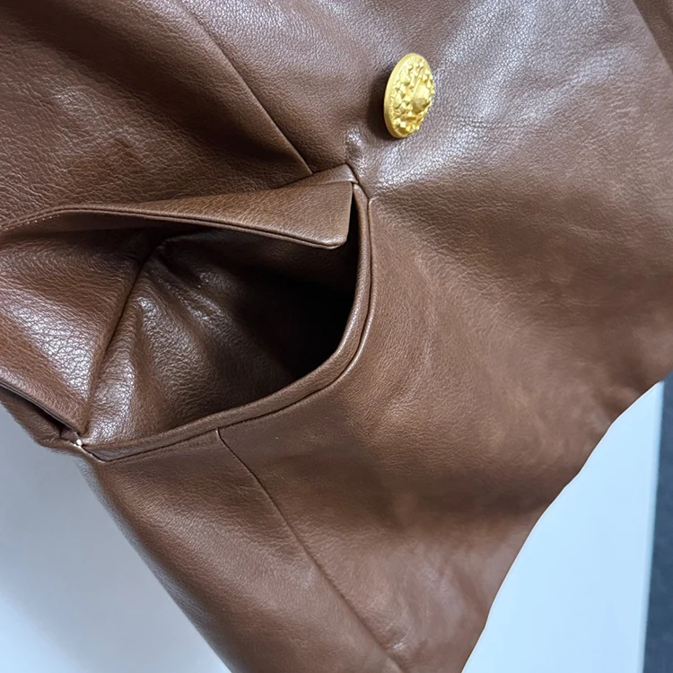 Elegante Giacca in Pelle PU Slim Fit Autunno/Inverno, Manica Lunga, Doppiopetto con Bottoni Dorati