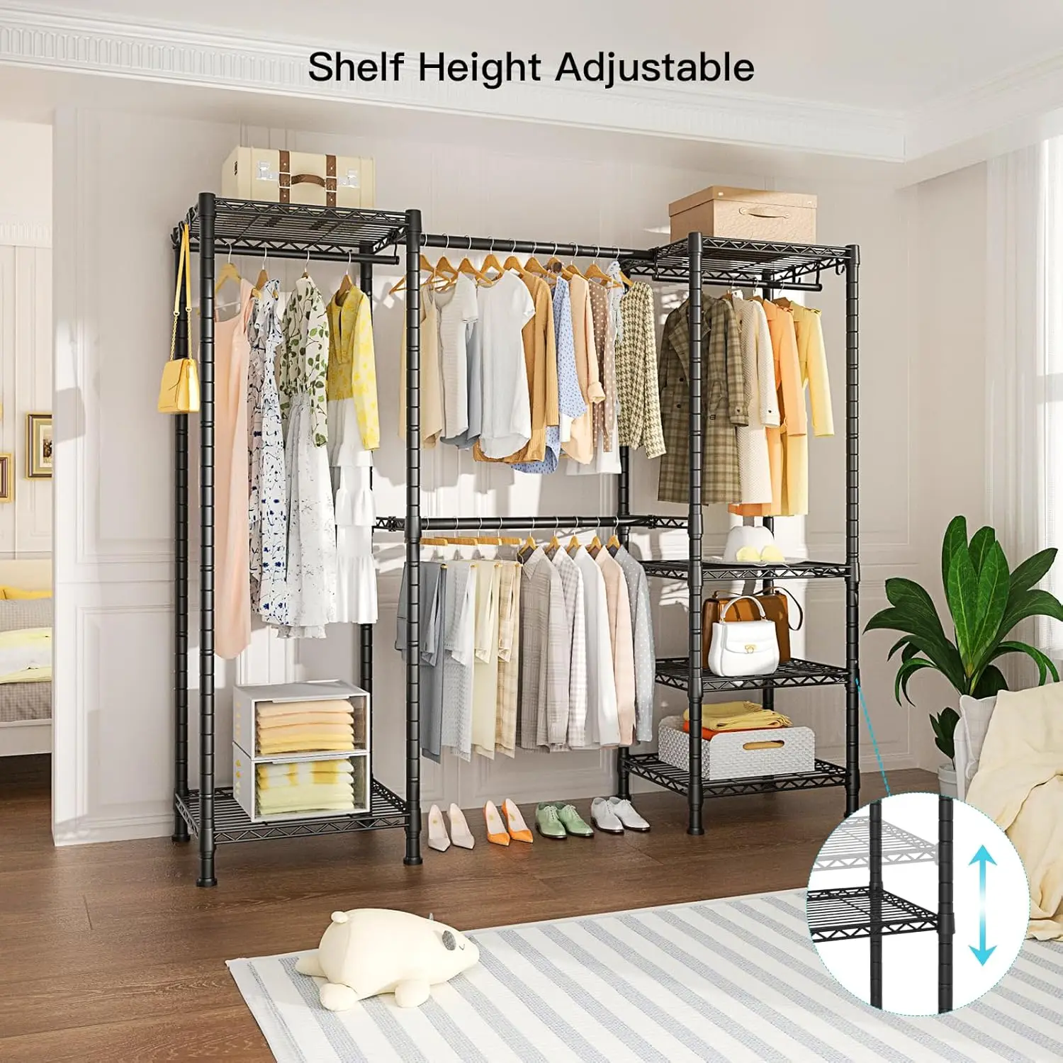 Ulif E7 Garment Rack, Heavy Duty Clothes Storage System With Extendable Hangers Rods, Metal Clothe Rack With 6 Wire Shelves,