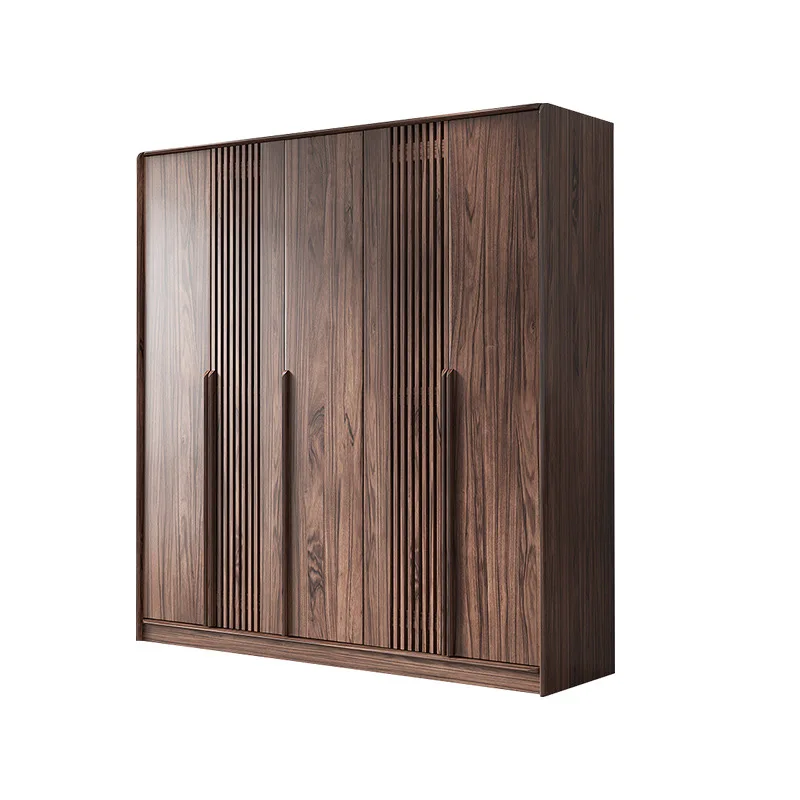 Nordic black walnut grille wardrobe modern simple all solid wood bedroom swing door log wardrobe combination wardrobe