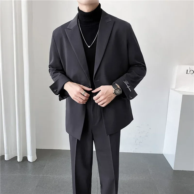 

Peak Lapel Single Button Men Suits Summer Smart Casual Youthful Suit Wedding Party 2 Piece Costume Homme (Jacket+Pants)