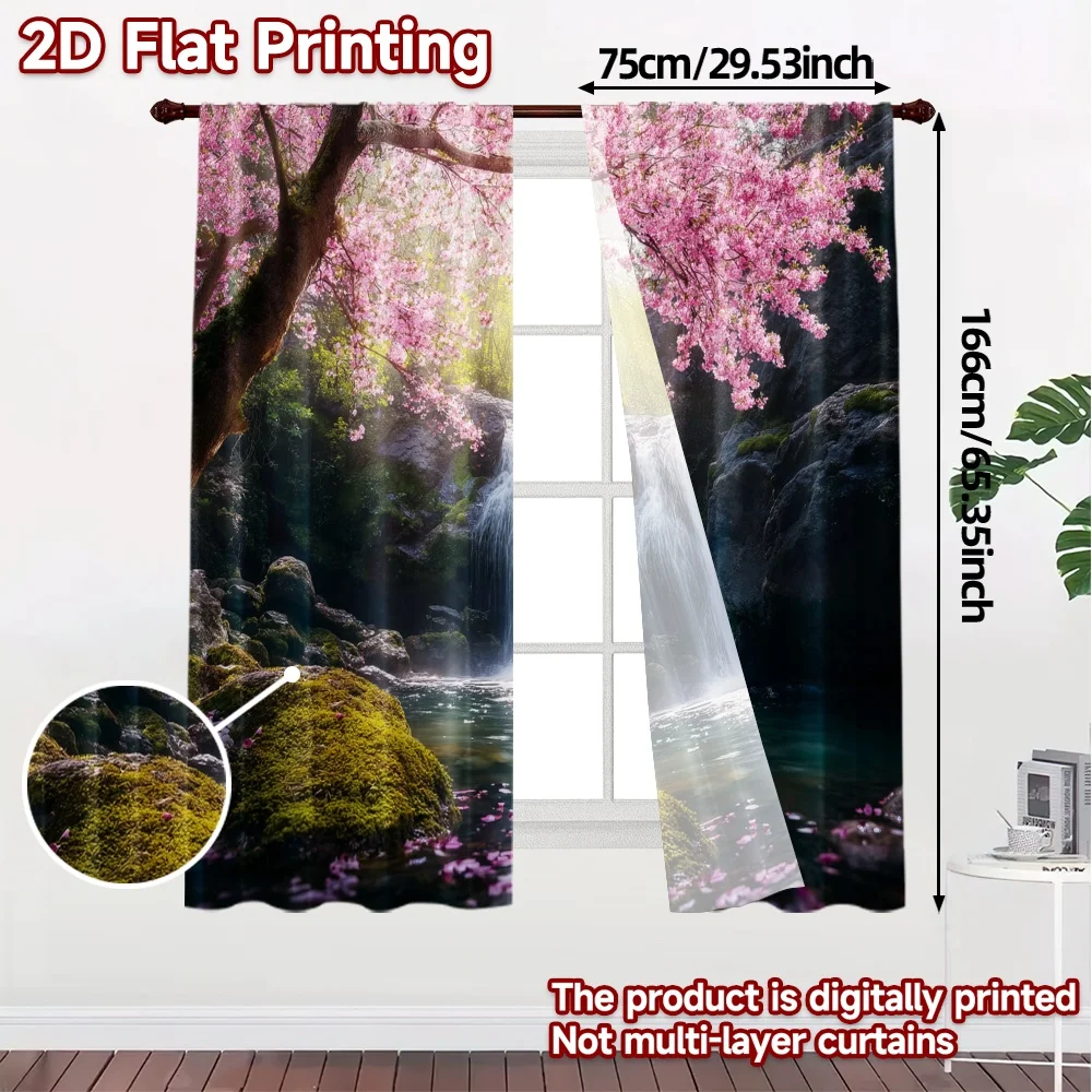 2pcs, 2D FLAT PRINTING Curtains (Without Rod) Blossom Falls Chic Minimalist Curtains Durable 100% Polyester Fabric Curtains