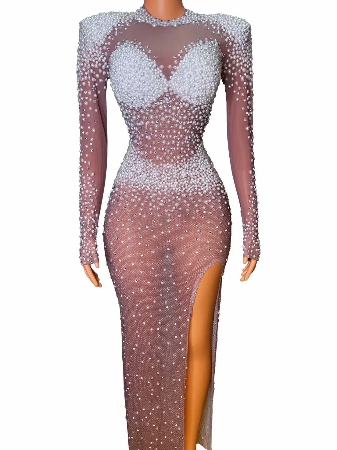 

Nude Shining Rhinestones Sexy Split Long Short Dress For Women Celebrity Evening Clothing Singer Stage Costumes Party Wears