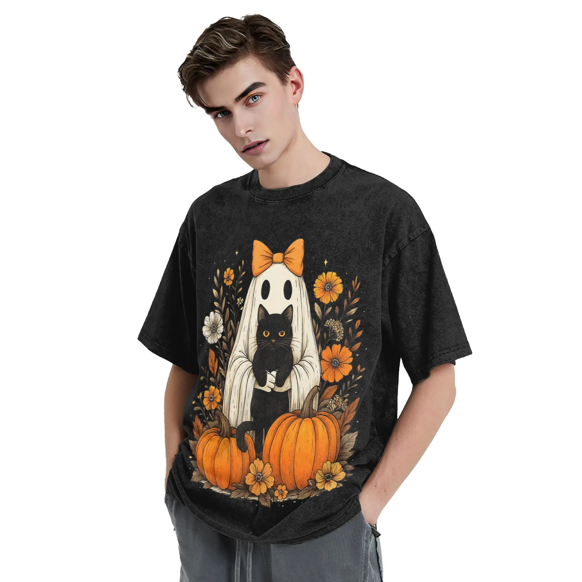 Halloween Ghost Holding Black Cat T Shirts Hip Hop Washed T-Shirts Groovy Floral Retro for Men Women Tops Graphic Printed Tees