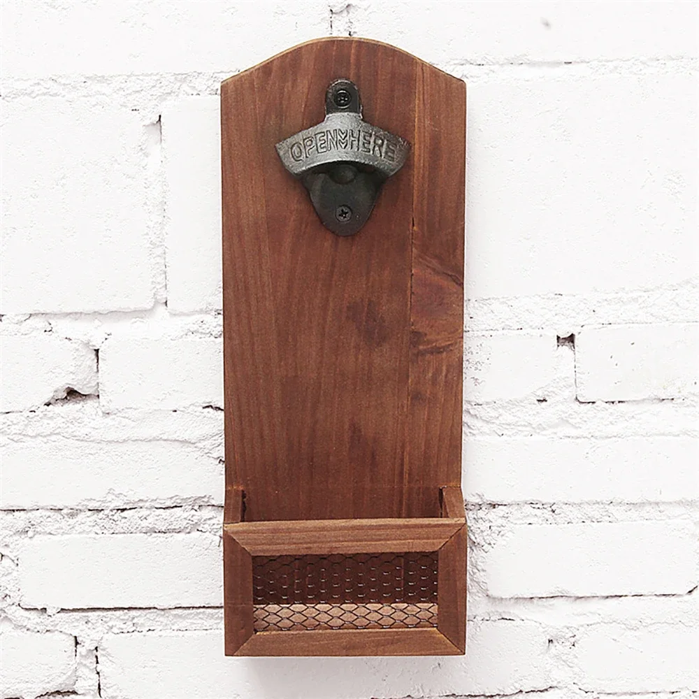 Vintage Bottle Opener Wooden Wall Mounted Beer Bottle Opener with Cap Catcher for Beer Lovers Household Kitchen Bar Tools