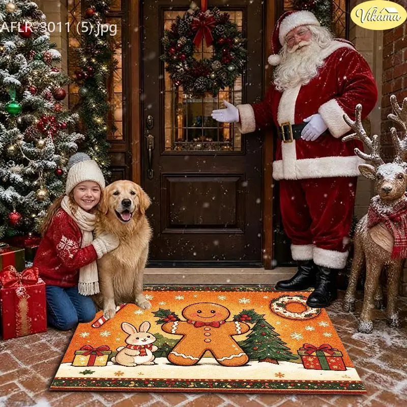 VIKAMA Christmas Snowman Wreath Squirrel Tree Entryway Rug Non Slip Low Profile Mats for Outside Front Door Xmas Decor