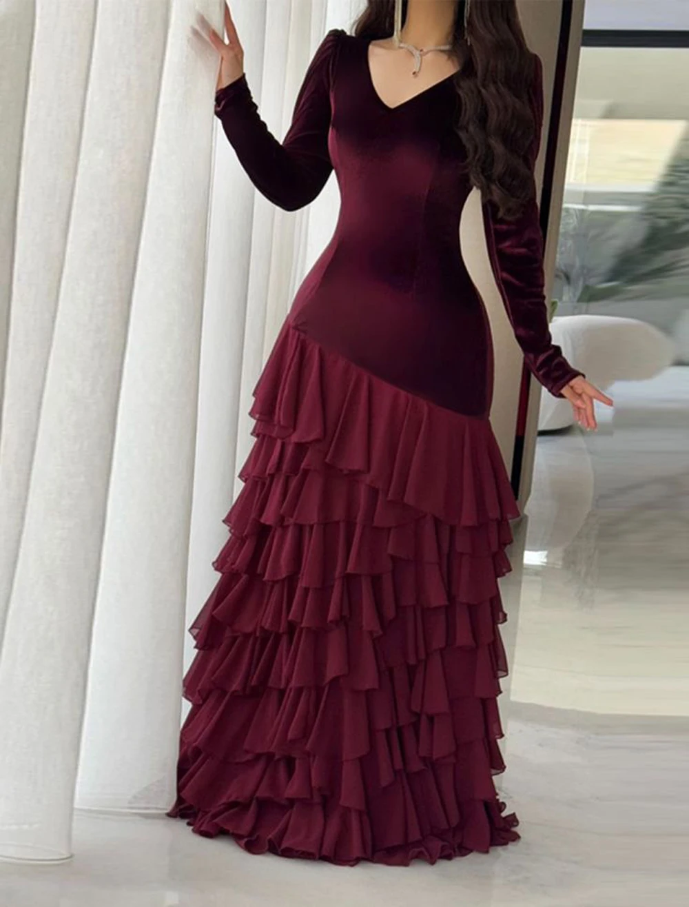 アラビアイブニングドレス長袖ティアードマーメイドウエディングドレスオンブルドレスvestidosデガラローブド夜会