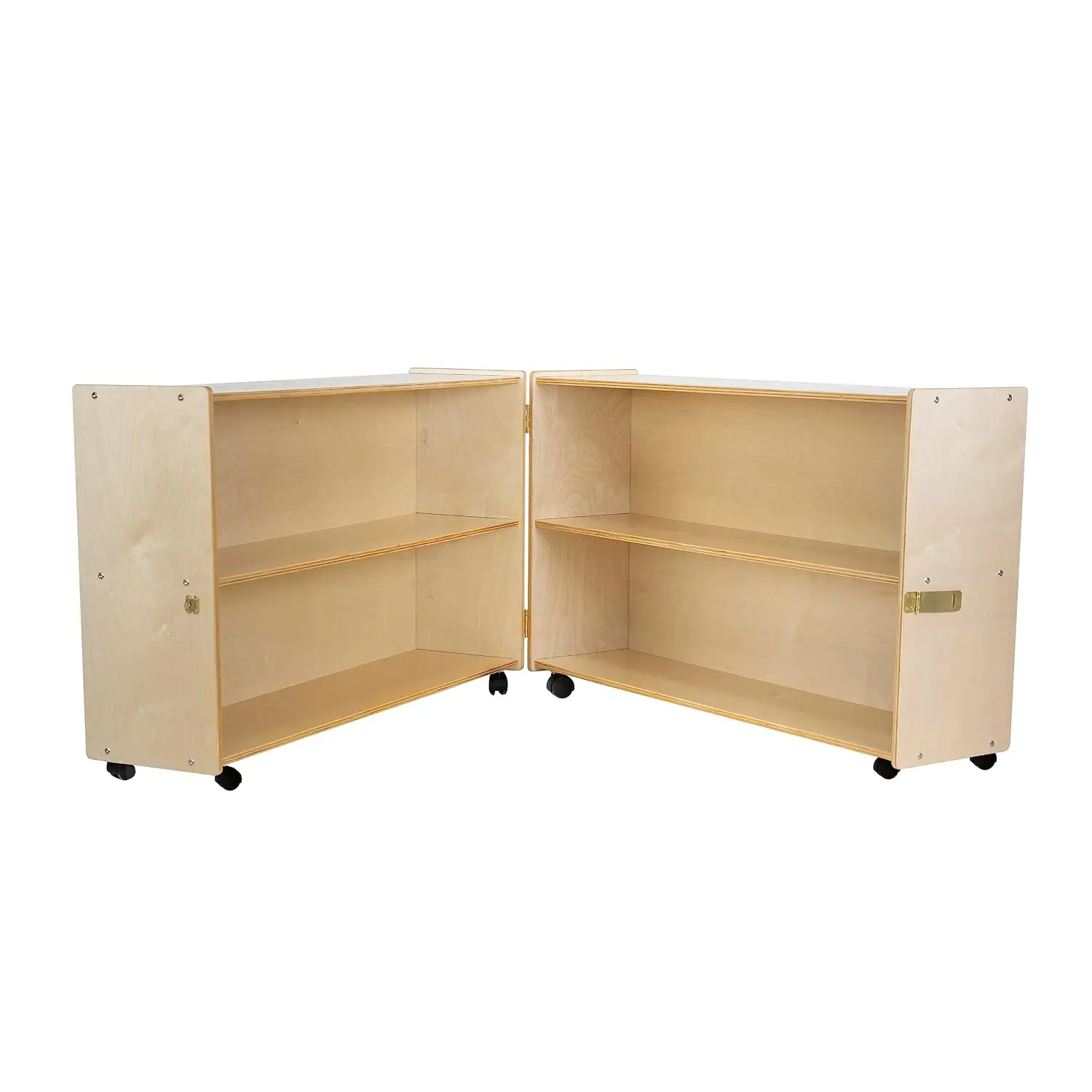 Folding Bookcase with Casters, 47-Inch Closed, 94-Inch Open, 2-Shelf Rolling Birch Plywood Storage for School & Home, Customized