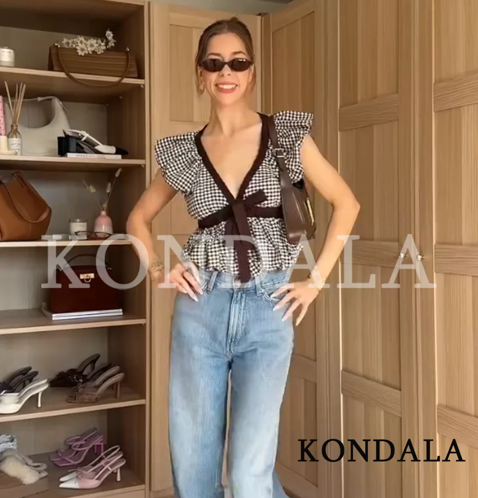 KONDALA Chic Plaid Balloon Tops Damen Elegante Lässige V-Ausschnitt Schleife Ärmellose Tops Neu 2026 Sommer Mode Picknick Date Süße Tops