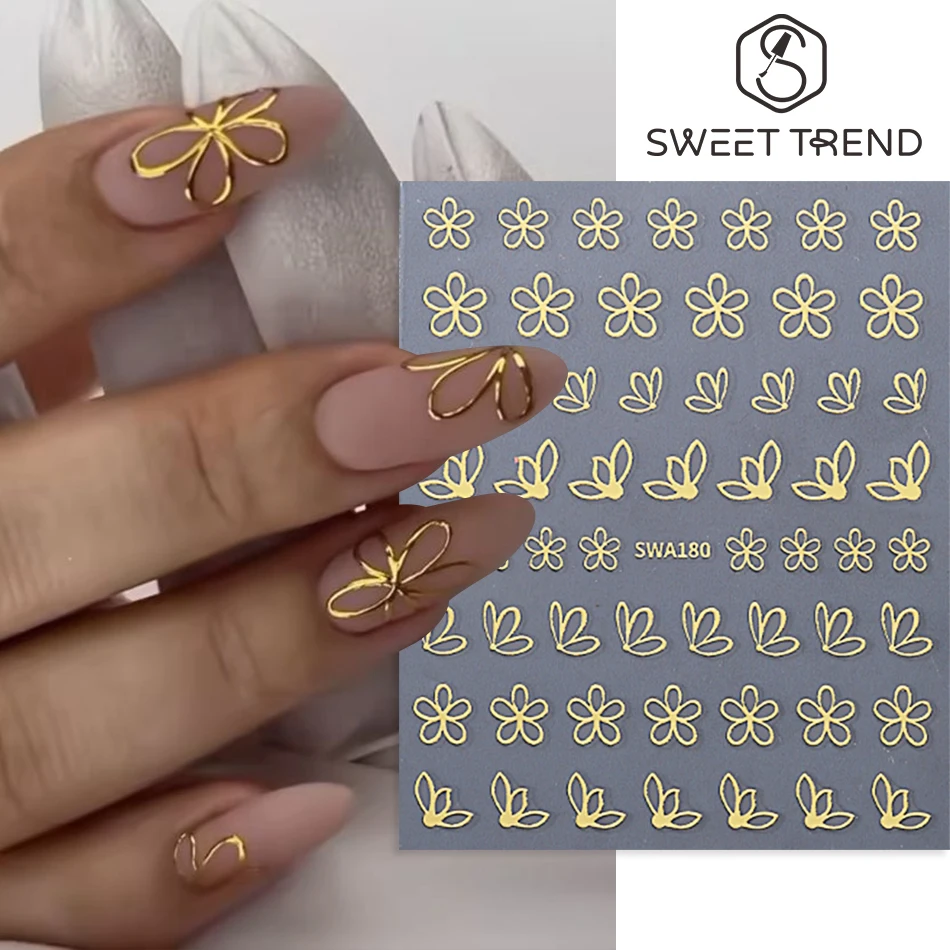 3 pegatinas de uñas con diseño de flores, doradas y plateadas, con pétalos huecos, diseño simple, autoadhesivas, decoración elegante para manicura