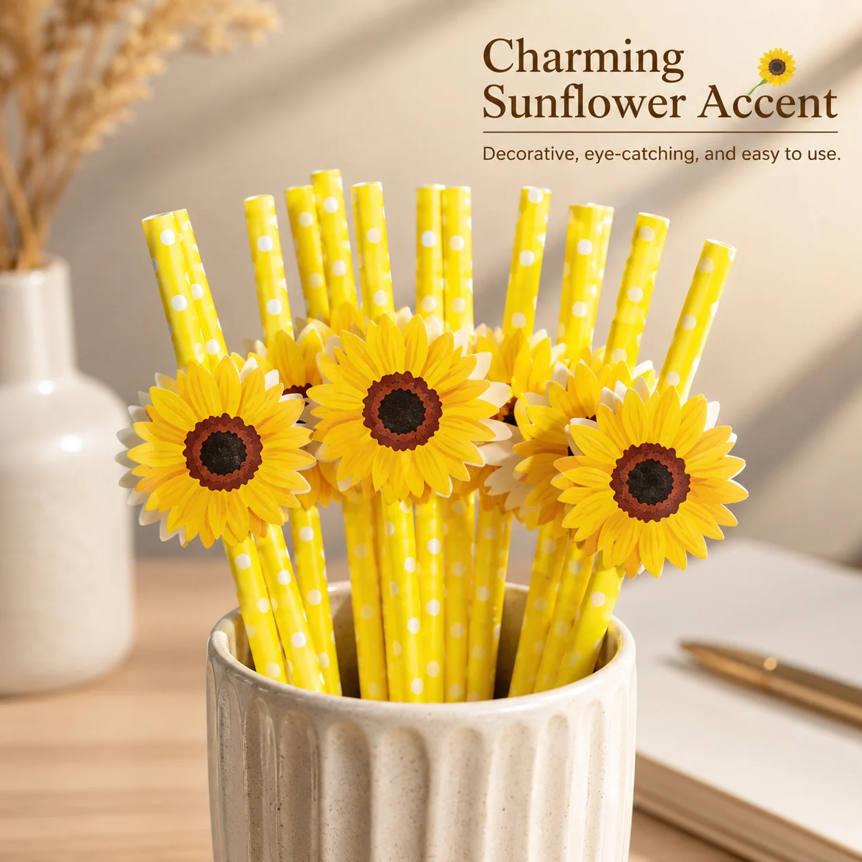 Sunflower Paper Straws, Yellow Polka Dot Disposable Biodegradable Drinking Straws for Summer Farm Birthday Party Table Decor