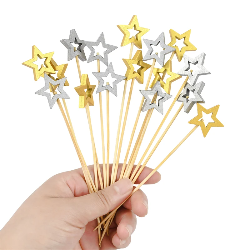 50PC Star Shape Bamboo Skewers Food Cocktail Picks Buffet Fruit Cupcake Fork Sticks Christmas Birthday Wedding Party Table Decor