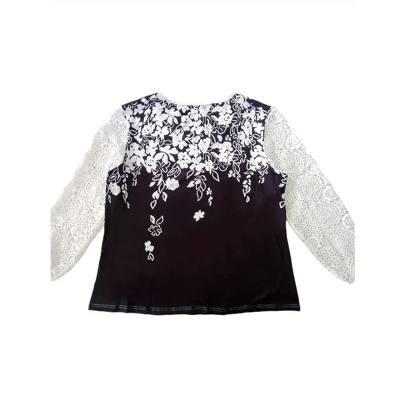 Plus Size Women Casual Shirt Vintage Button V Neck Hollow Out Flower Lace Long Sleeve Blouse Tops Fashion Pullover