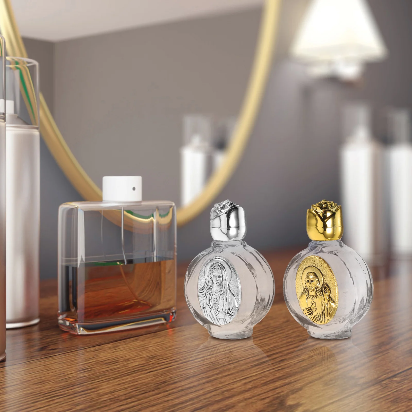 

4pcs Holy Water Bottle Rose Crystal Glass Alloy Relief Portable Religious Travel Container Small Decorative Bottles For Baptism