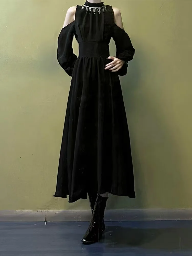 

Niche Off Shoulder Black Dress European Style Long Sleeved Waist Cinching Skirt Vintage Dark Halloween Event Long Dress Women
