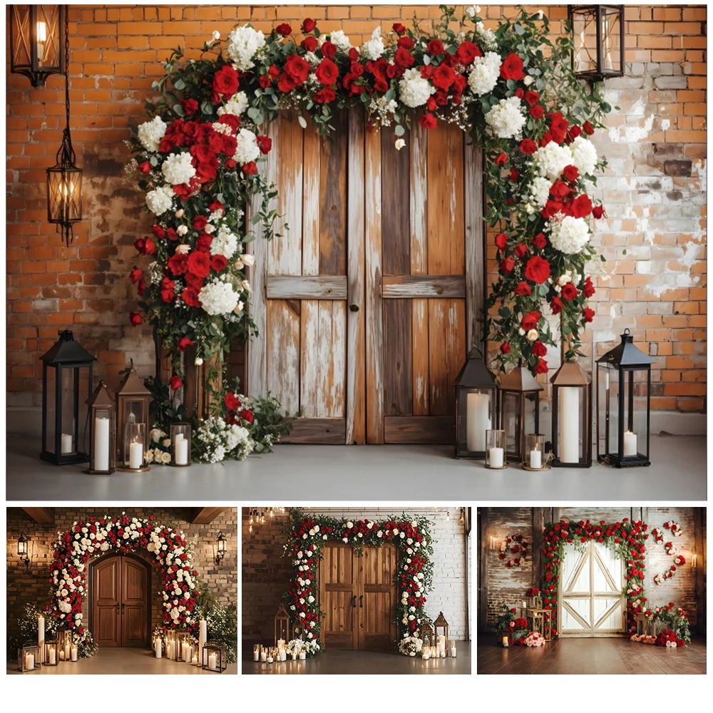 Valentine's Day Backdrop Red Flowers Wooden Door Brick Wall Candle  Wedding Party Couple Portrait Photography Background Decor