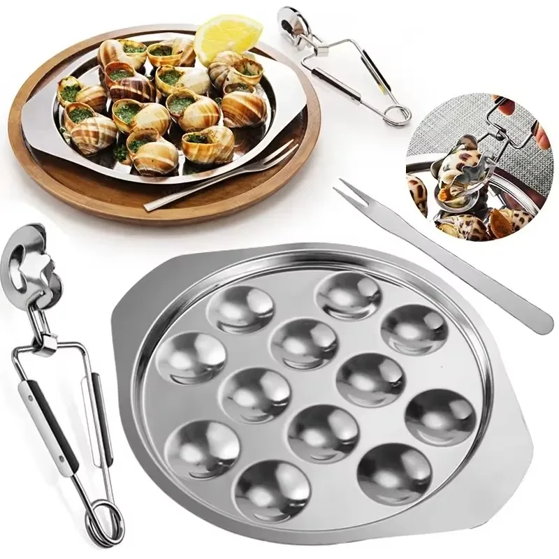 Stainless Steel Escargot Plates Seafood Snail Dish with Escargot Tong, Escargot Baking Dish Server for Home, Restaurant, Hotel